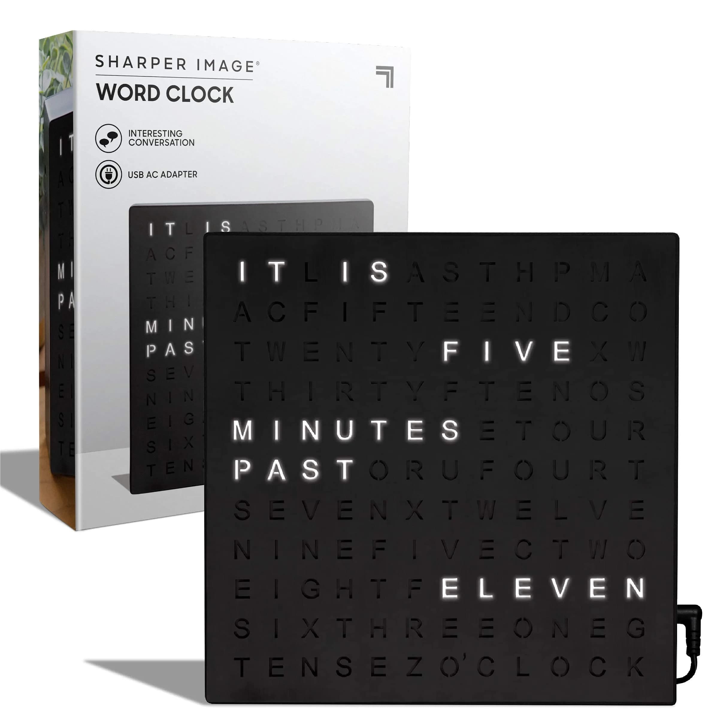 Sharper Image LED Word Digital Clock 7.75" Black Finish | Modern Time Display with Illuminated Words — Silver Finish / Standard
