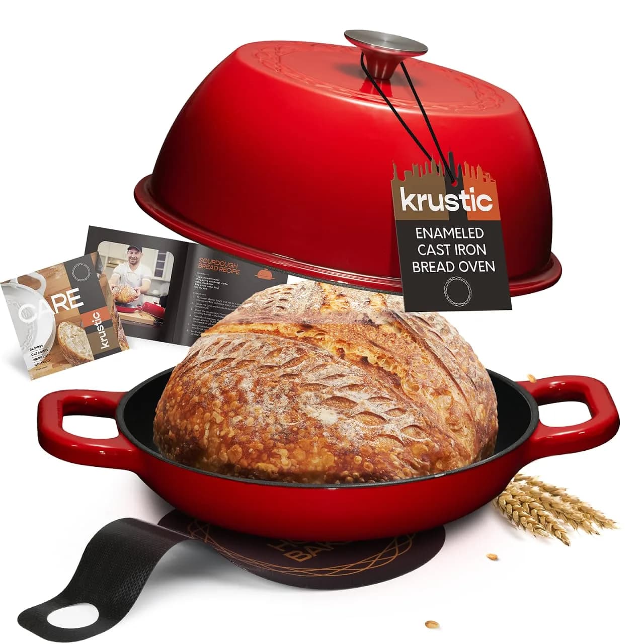 Krustic Enameled Cast Iron Dutch Oven for Sourdough Bread | 6 Quart Round Pot with Lid | 10 Inch Black — Red