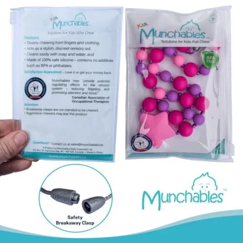 Munchables Starlight Sensory Chew Necklace, Medium Chew, Purple/Pink/Fuchsia | Food-Grade Silicone Oral Sensory Support thumbnail 3