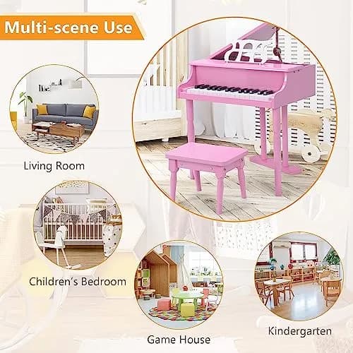 HONEY JOY Classical Kids Piano 30-Key Mini Grand Pink | Wooden Musical Toy for 3+ thumbnail 8