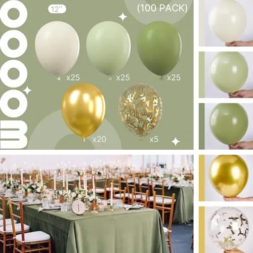 PartyWoo Sage Green Balloons 100pcs Pack Gold and Sand White Balloons | Assorted Colors Value Pack thumbnail 2