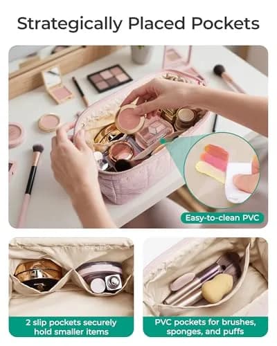BAGSMART Makeup Bag Travel Toiletry Bag, Wide-open Zipper Pouch, Pink | Spacious & Easy-Clean thumbnail 3