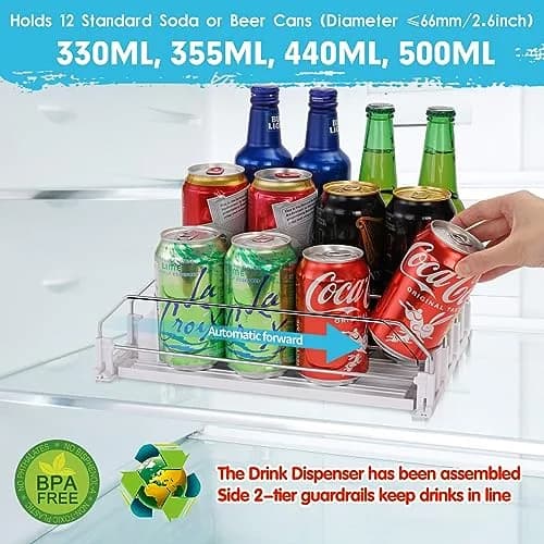 BingoHive Automatic Soda Can Organizer for Refrigerator 12 Can Capacity | Space-Saving Beverage Dispenser thumbnail 2