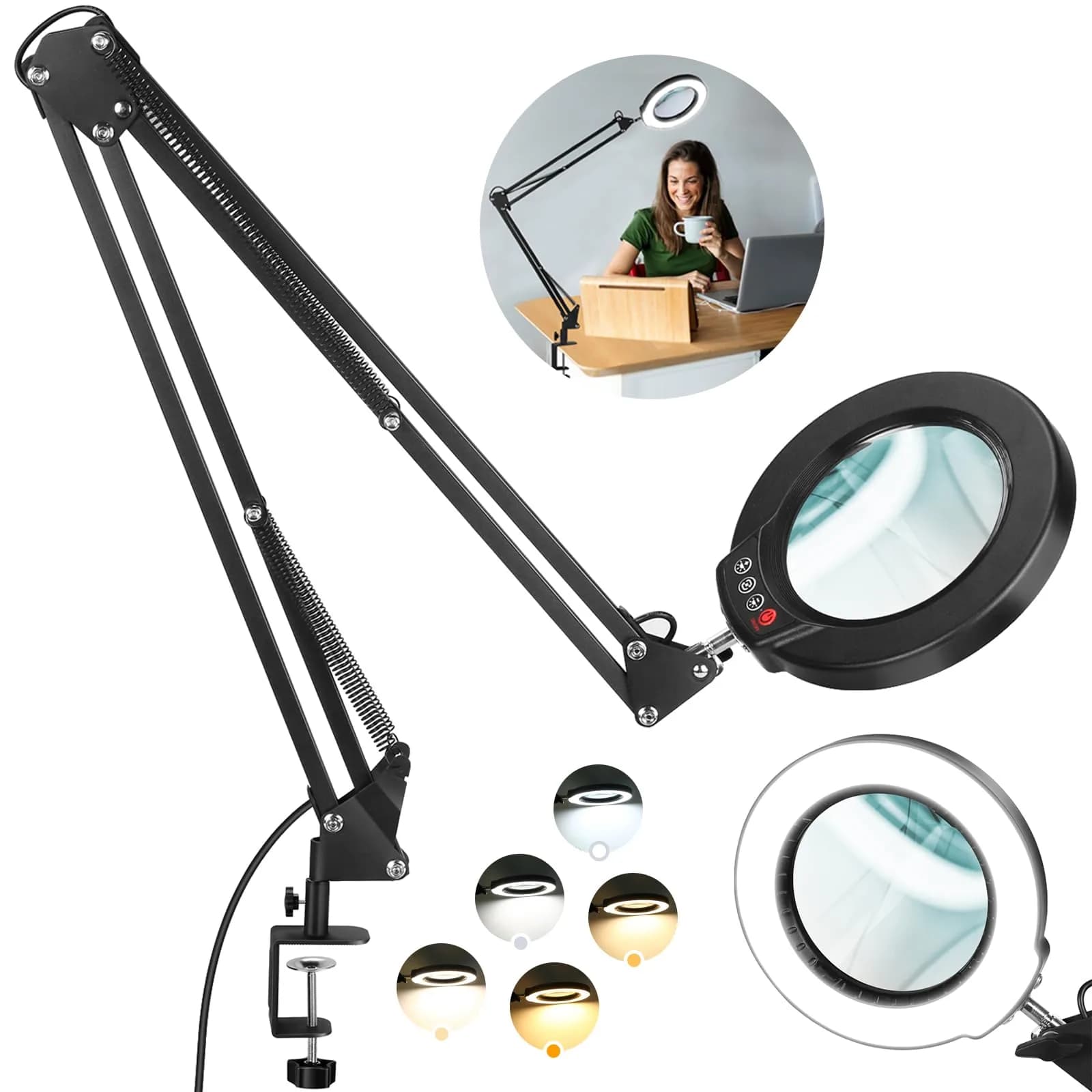 Krstlv Magnifier with Light & Clamp 12X | Adjustable Swing Arm Desk Lamp, Real Glass, 5 Color Modes, Dimmable, Blue — Black / 12X 32inch Clamp