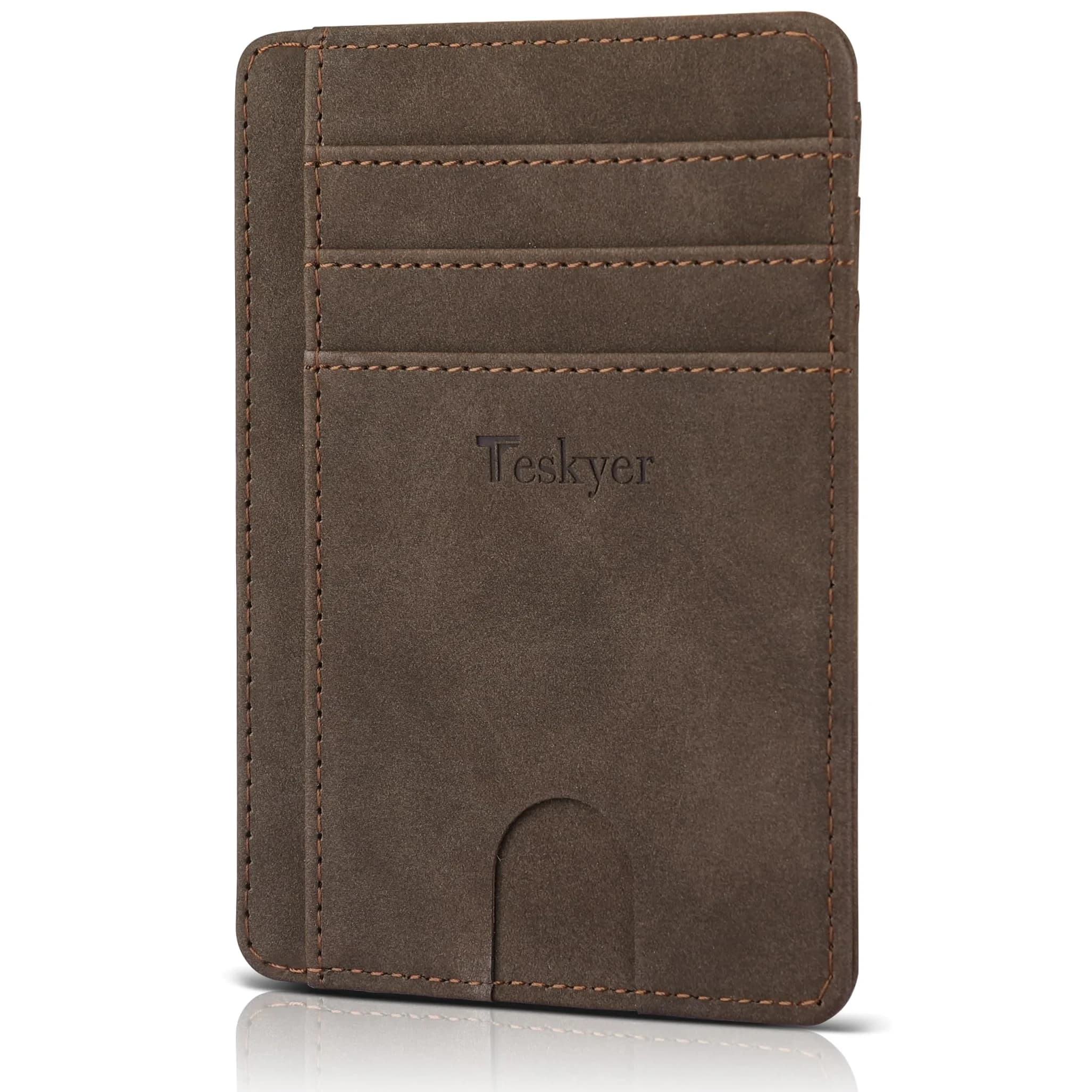 Teskyer Slim Minimalist Wallet for Men, RFID Credit Card Holder, Black | Front Pocket Design, 8 Card Slots — Y98 - Brown