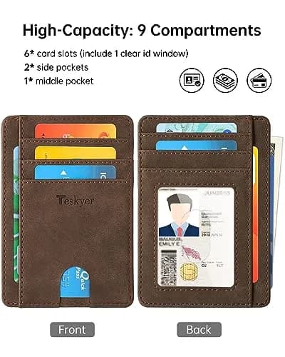 Teskyer RFID Slim Minimalist Wallet for Men, Y98 - Brown | 12cm x 8.9cm (4.7" x 3.5") thumbnail 3