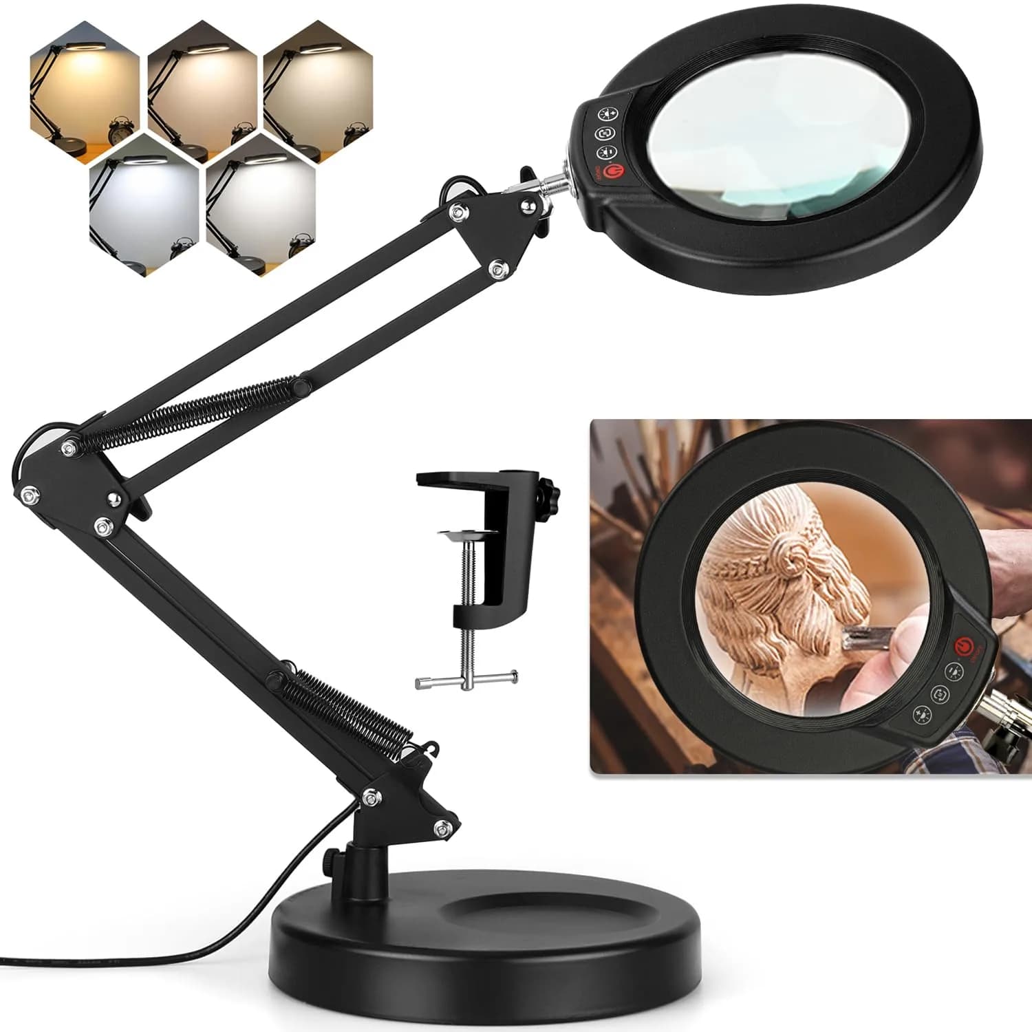 Krstlv Magnifier with Light & Clamp 12X | Adjustable Swing Arm Desk Lamp, Real Glass, 5 Color Modes, Dimmable, Blue — Black