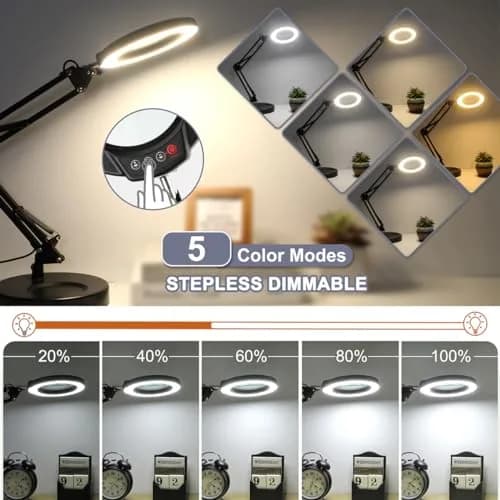 Krstlv 12X Magnifying Glass with Light, 4.3" Glass Lens, 275° Swing Arm, Black | 5 Color Modes Stepless Dimmable LED Desk Lamp & Clamp thumbnail 4