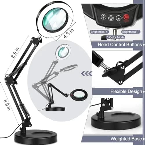 Krstlv 12X Magnifying Glass with Light, 4.3" Glass Lens, 275° Swing Arm, Black | 5 Color Modes Stepless Dimmable LED Desk Lamp & Clamp thumbnail 6