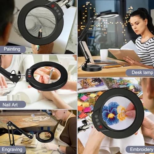 Krstlv 12X Magnifying Glass with Light, 4.3" Glass Lens, 275° Swing Arm, Black | 5 Color Modes Stepless Dimmable LED Desk Lamp & Clamp thumbnail 7