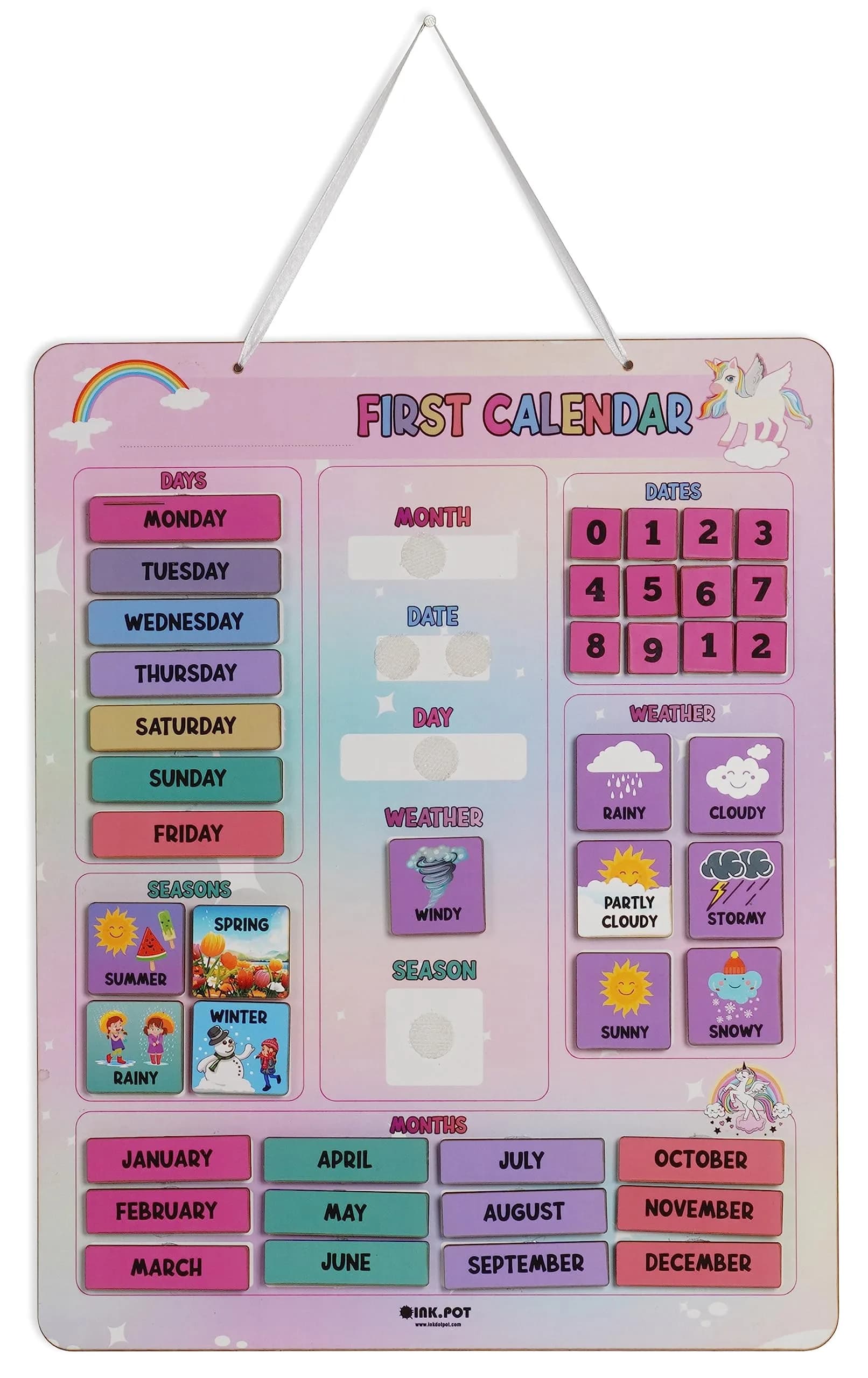 Inkdotpot My First Calendar Board for Kids | Fun Learning Wall Calendar 14.5x11.5 inches — Blue & Light Pink / 14.5X11.5 Inches