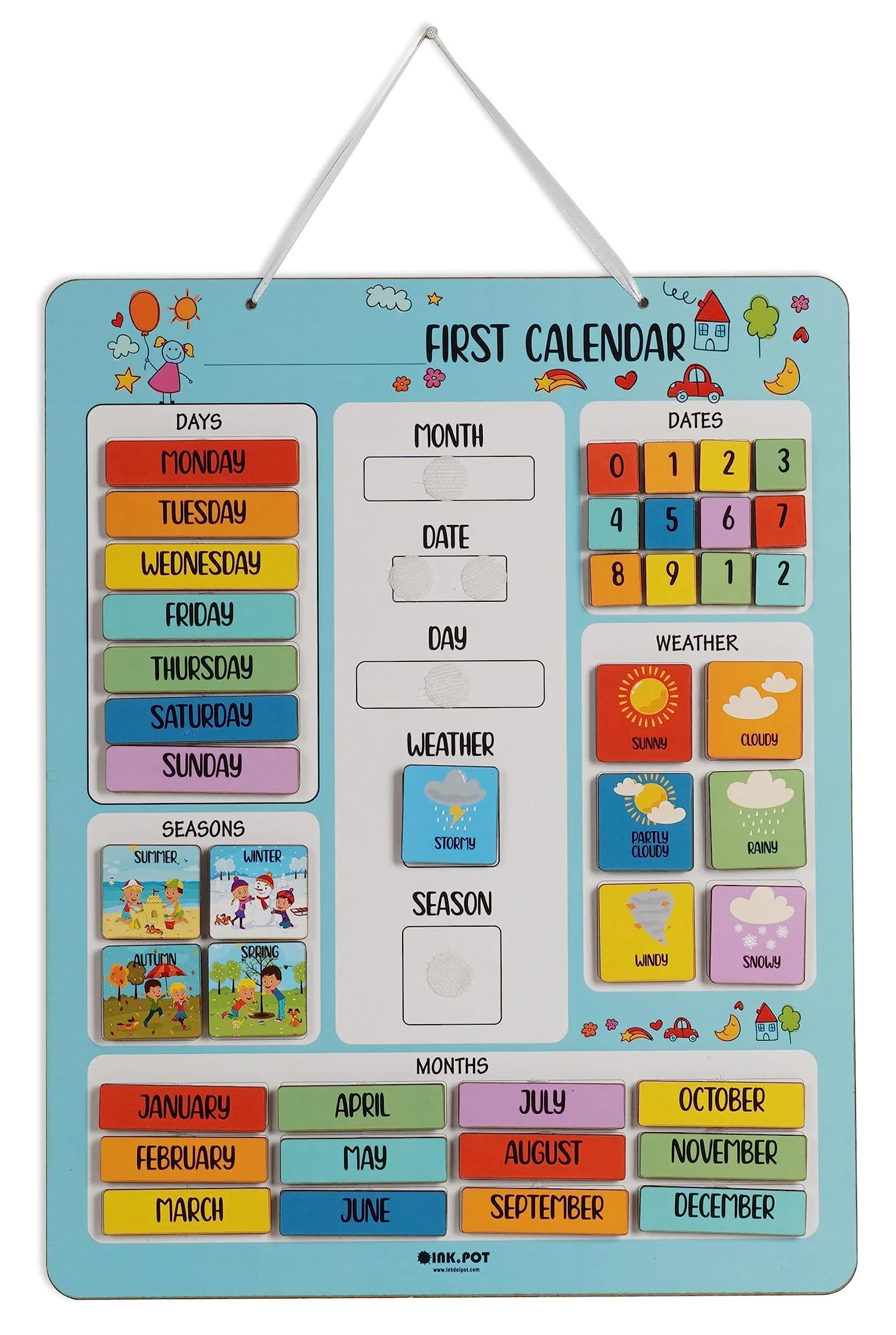 Inkdotpot My First Calendar Board for Kids | Fun Learning Wall Calendar 14.5x11.5 inches — Turquoise Blue / 14.5X11.5 Inches