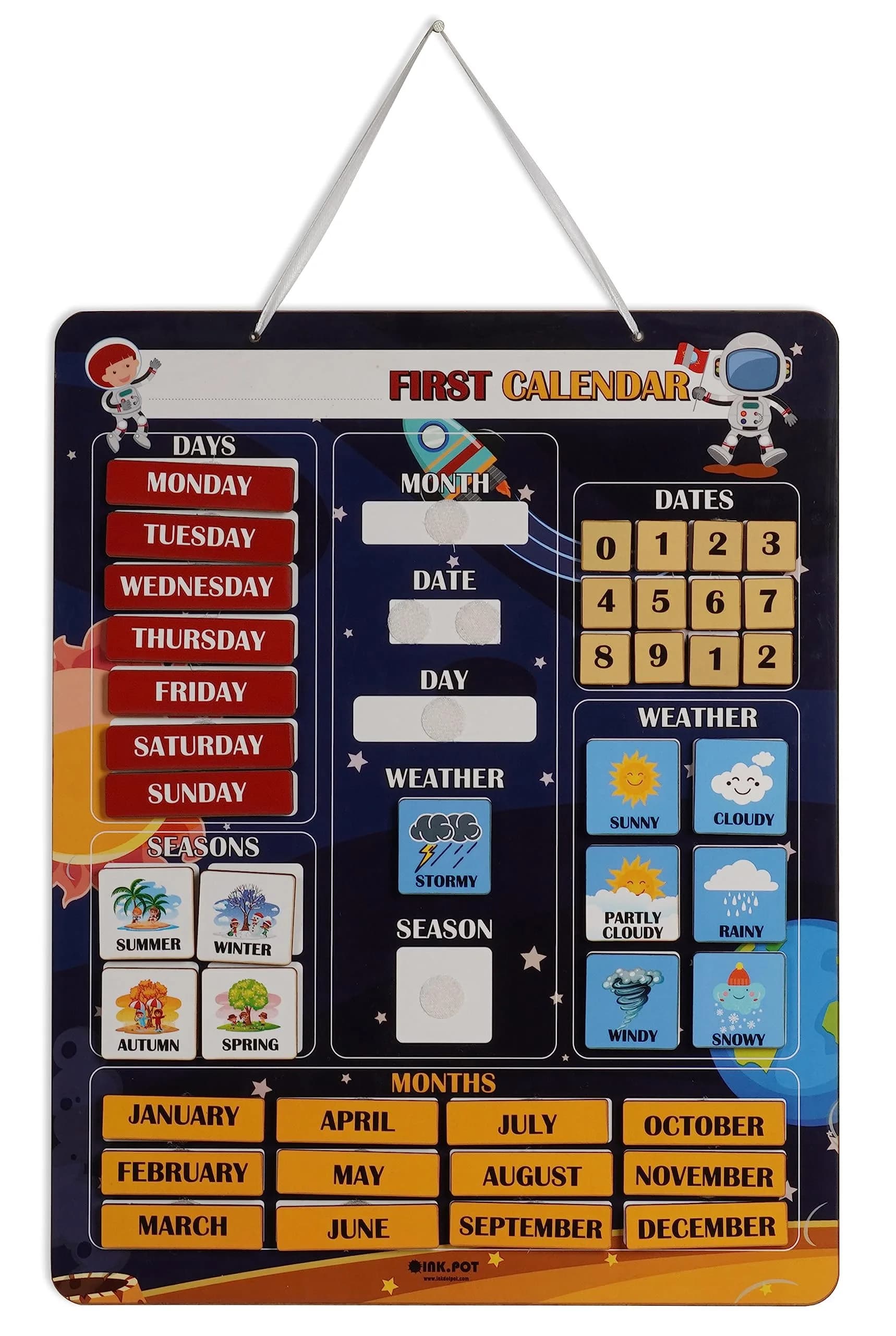 Inkdotpot My First Calendar Board for Kids | Fun Learning Wall Calendar 14.5x11.5 inches — Navy Blue