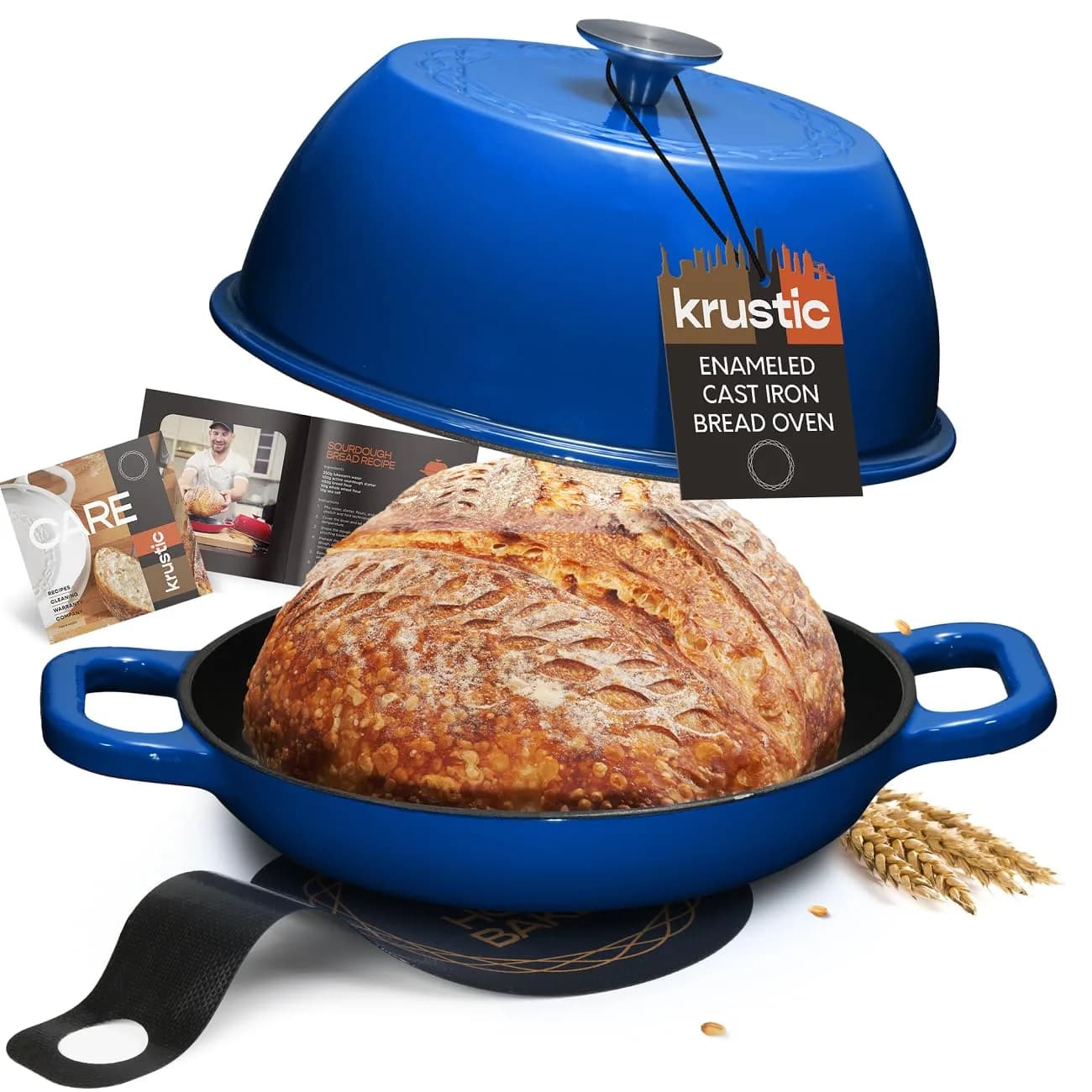 Krustic 6 Qt Enameled Cast Iron Dutch Oven for Sourdough Bread | 10 Inch Round Pot with Lid — Blue
