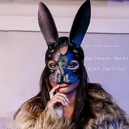 Bmirth Leather Rabbit Mask for Women - Black | Masquerade Cosplay Party Face Mask thumbnail 3