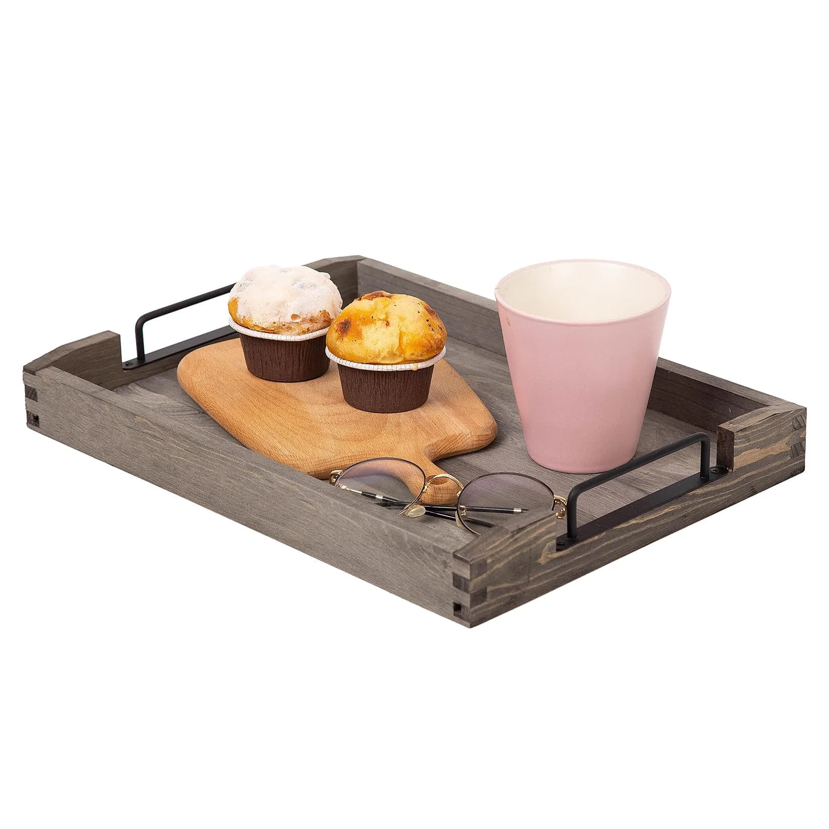 VERGOODR Torched Wood Nesting Serving Trays with Handles, Set of 3 | Rustic Farmhouse Style — Dark Grey