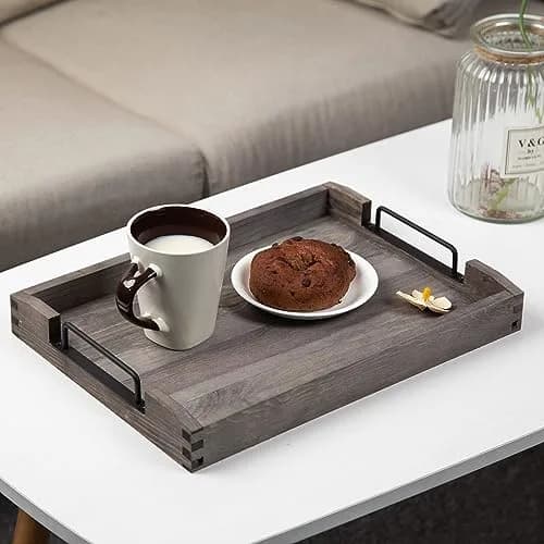 VERGOODR Torched Wood Nesting Serving Trays with Handles, Set of 3, Dark Grey | Rustic Style for Breakfast & Coffee Tables thumbnail 3