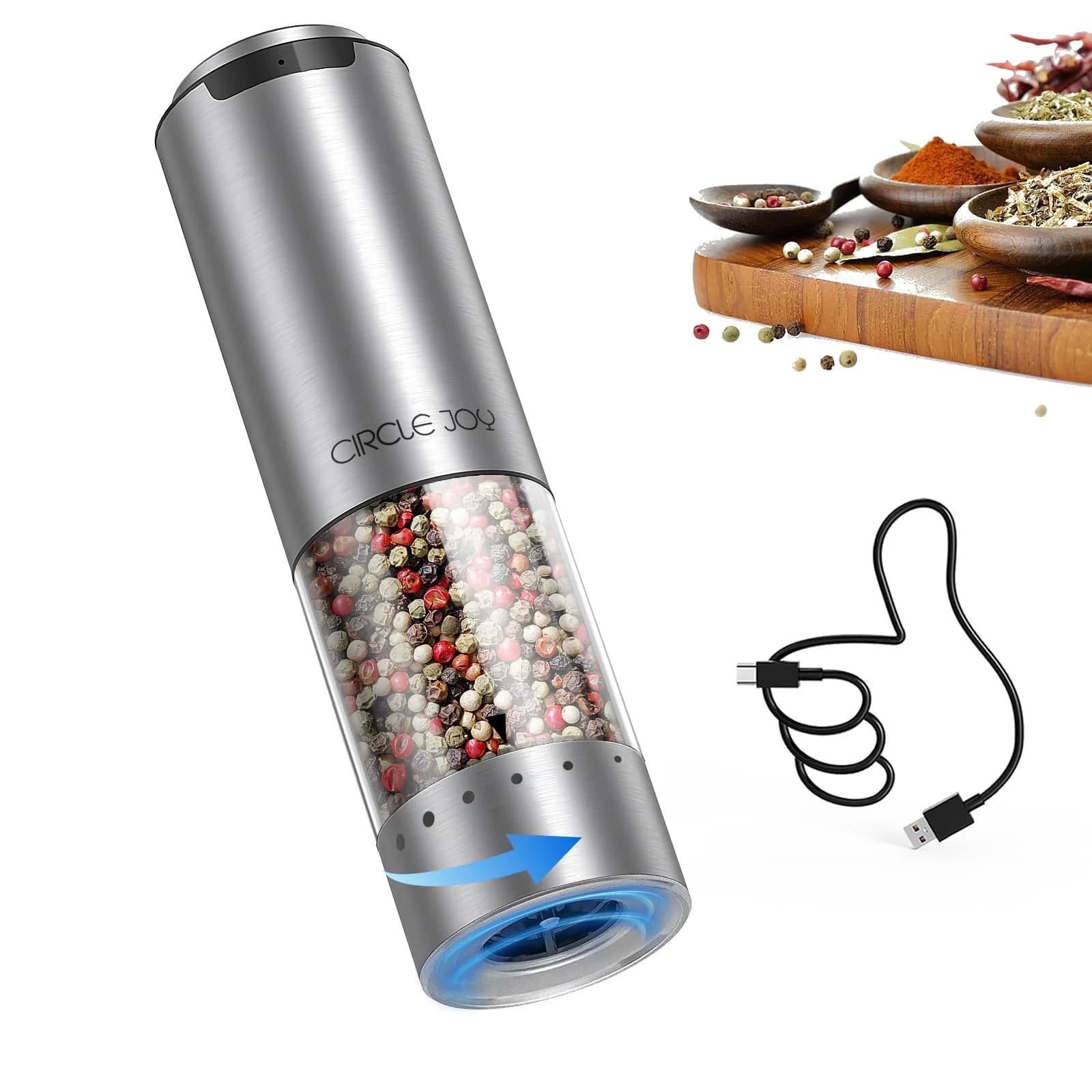 CIRCLE JOY Electric Pepper Grinder Stainless Steel 95ml | Rechargeable, Adjustable Coarseness, White LED Light - main product image