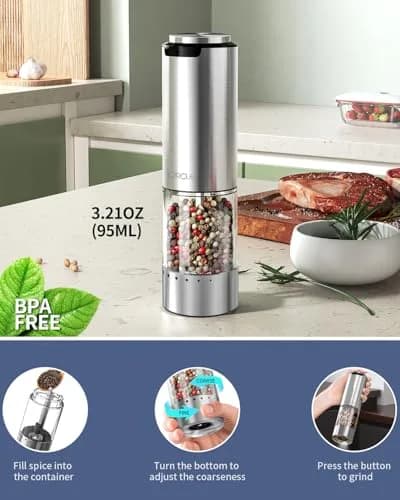 CIRCLE JOY Electric Pepper Grinder Stainless Steel 95ml | Rechargeable, Adjustable Coarseness, White LED Light thumbnail 5