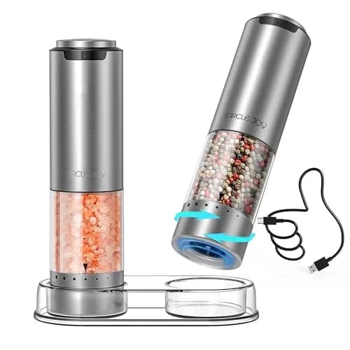 CIRCLE JOY Rechargeable Electric Salt and Pepper Grinder Set with Base, Stainless Steel Mills, 95ml Container, White LED, Adjustable Coarseness | Imported from USA thumbnail 1
