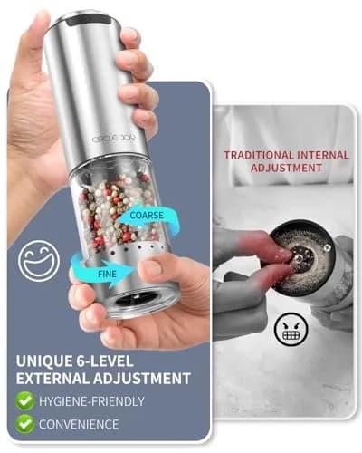 CIRCLE JOY Rechargeable Electric Salt and Pepper Grinder Set with Base, Stainless Steel Mills, 95ml Container, White LED, Adjustable Coarseness | Imported from USA thumbnail 2
