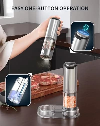 CIRCLE JOY Rechargeable Electric Salt and Pepper Grinder Set with Base, Stainless Steel Mills, 95ml Container, White LED, Adjustable Coarseness | Imported from USA thumbnail 4
