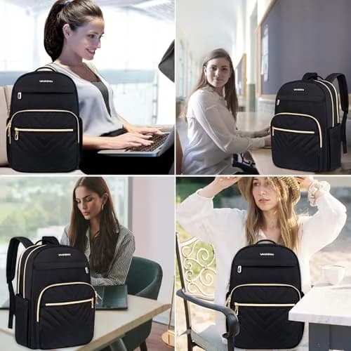 VANKEAN 17.3 Inch Laptop Backpack for Women Large Capacity Quilted Black | Water-Resistant Travel & Work Bag thumbnail 5