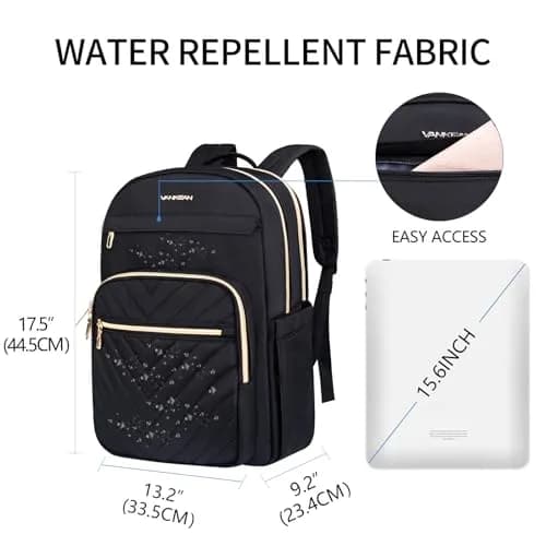 VANKEAN 17.3 Inch Laptop Backpack for Women Large Capacity Quilted Black | Water-Resistant Travel & Work Bag thumbnail 2