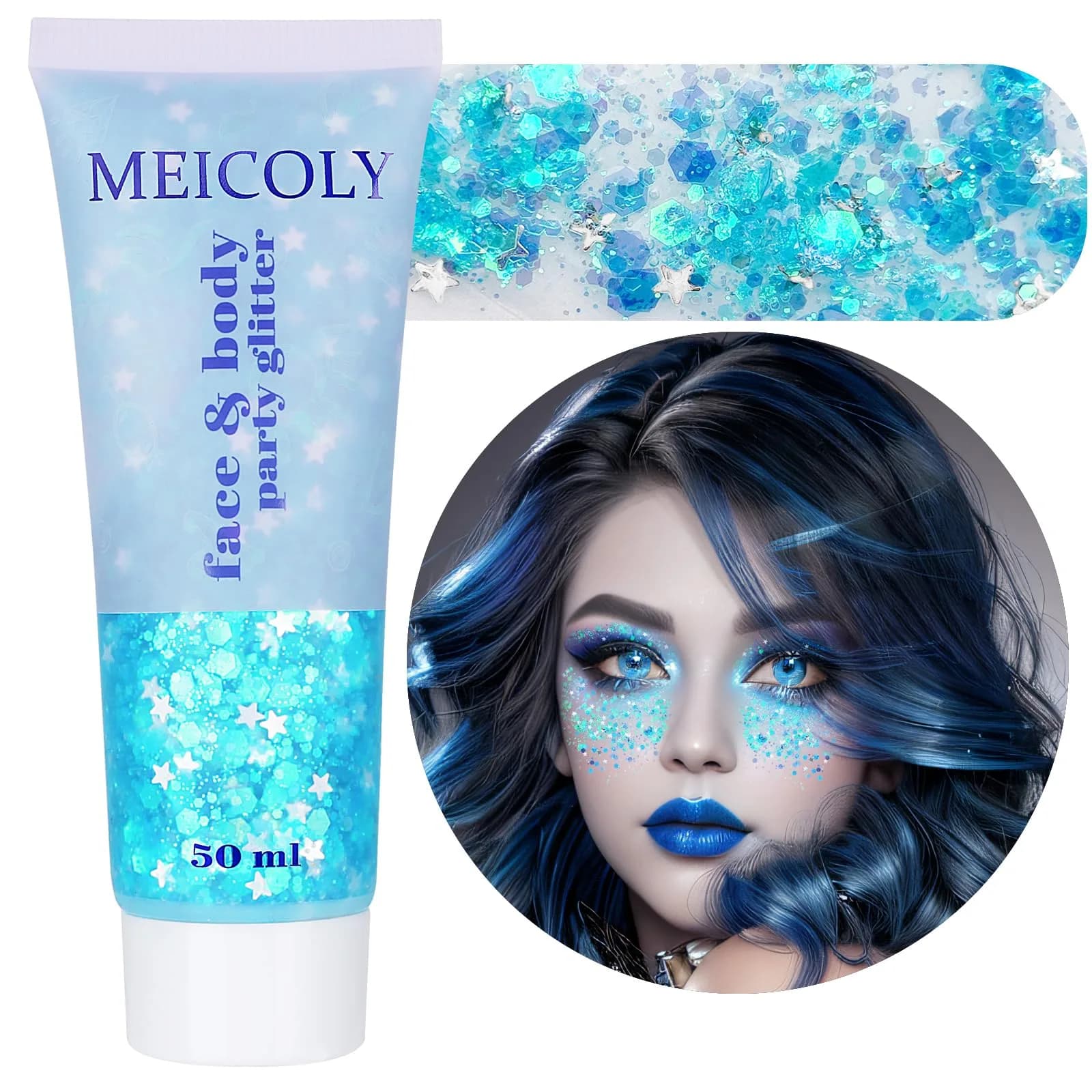 MEICOLY Green Chunky Glitter Gel 50ml (1.7 Fl Oz) | Self-Adhesive Face Body Hair Glitter for Festivals — light blue body glitter