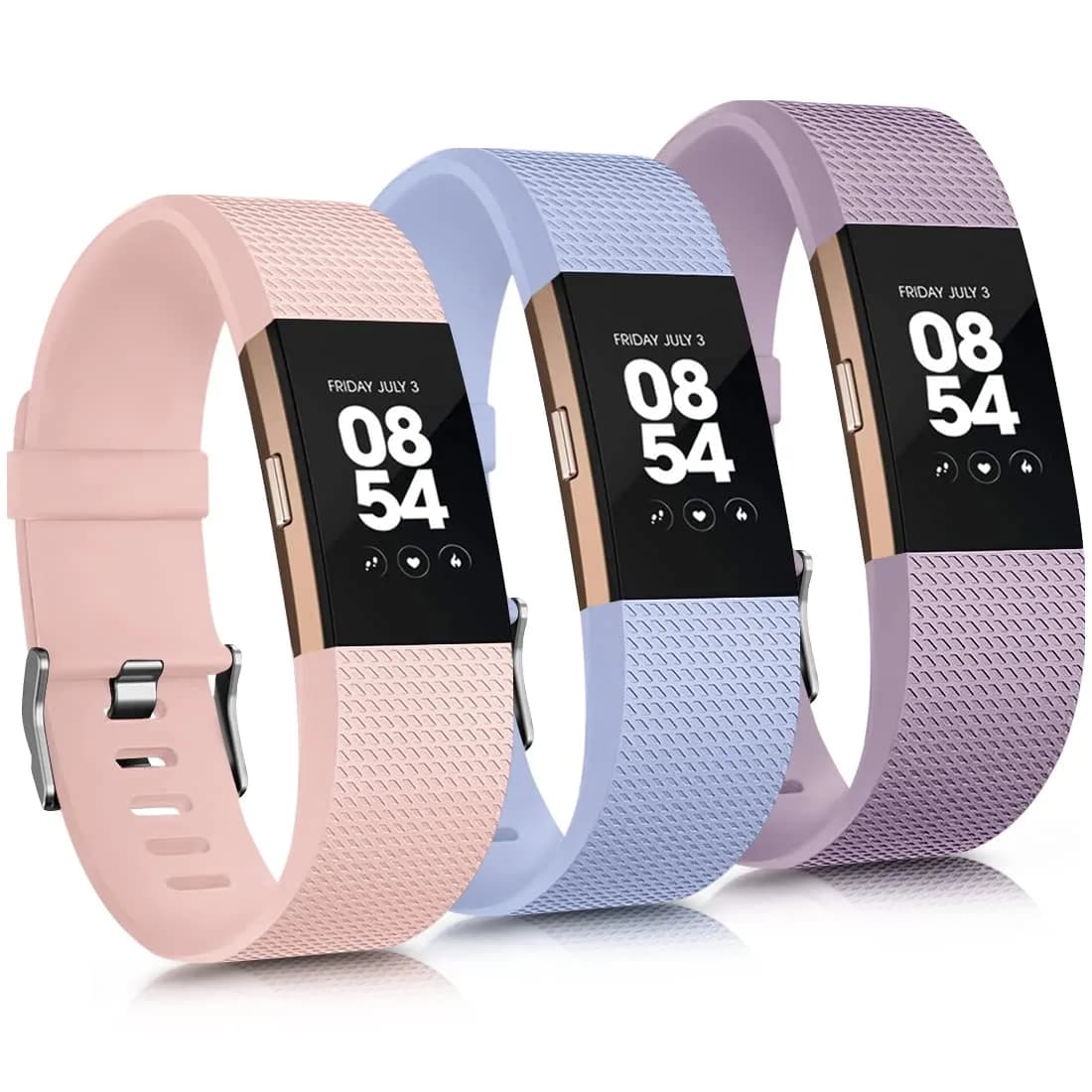 AK 3 Pack Sport Bands for Fitbit Charge 2, Large (Starlight/Milk Tea/Smoke Violet) | Adjustable Silicone Straps — Light Pink/Baby Blue/Light Purple