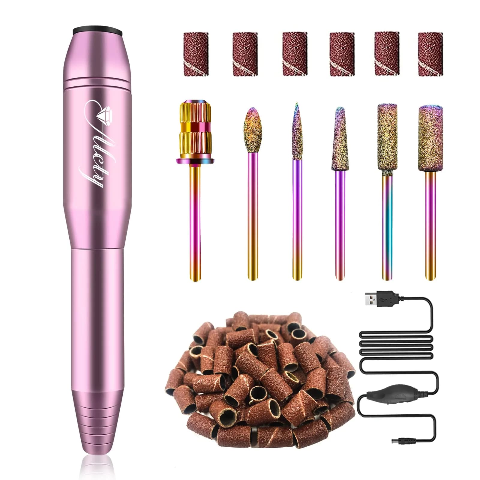 Alety Electric Nail Drill Kit 20000 RPM Gold | Professional Portable Efile Manicure Pedicure Tools with USB Power — Pink