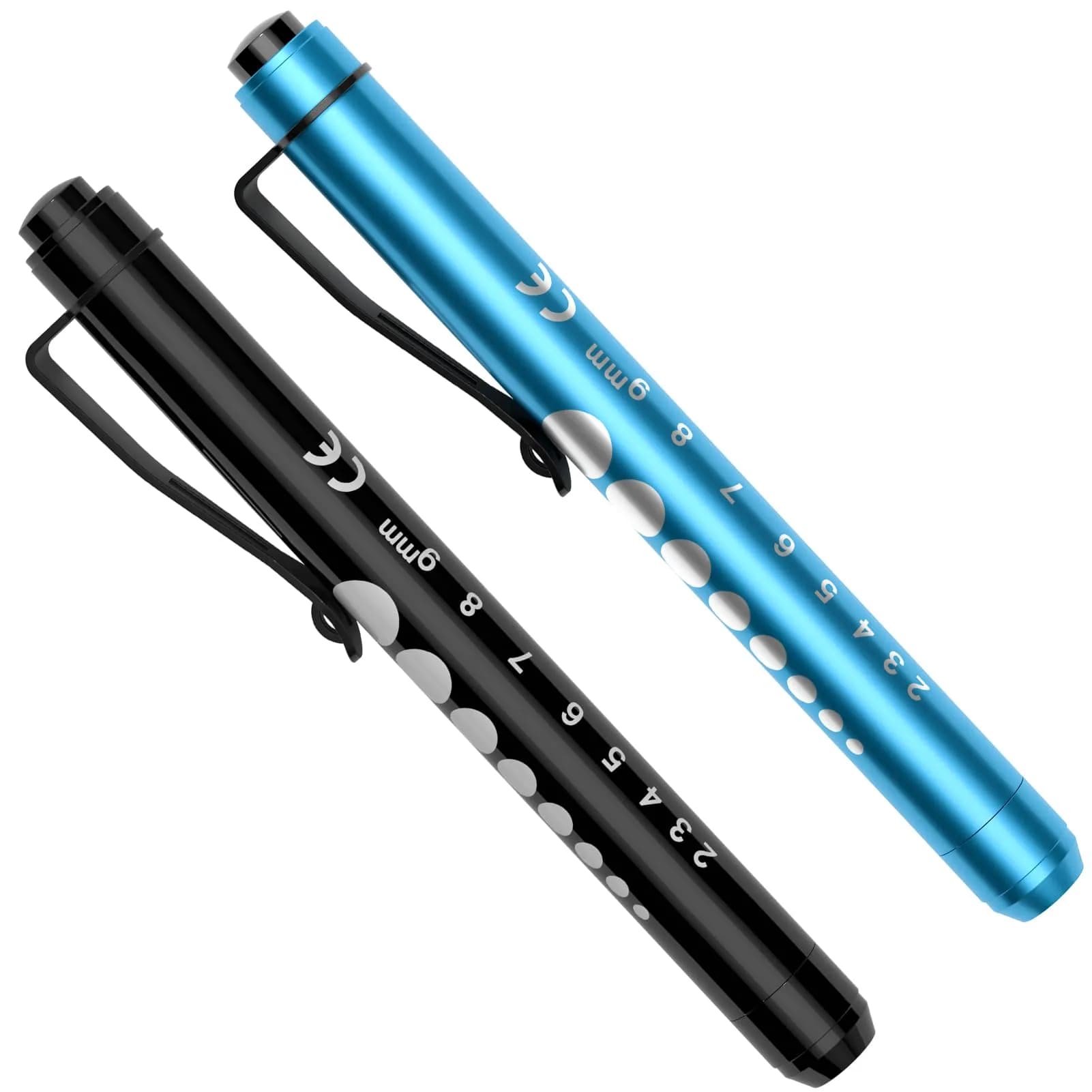 RISEMART LED Pen Lights for Nurses, 2-Pack White Light 12.8cm (5.03in) | Medical Penlight with Pupil Gauge & Ruler — Black and Blue