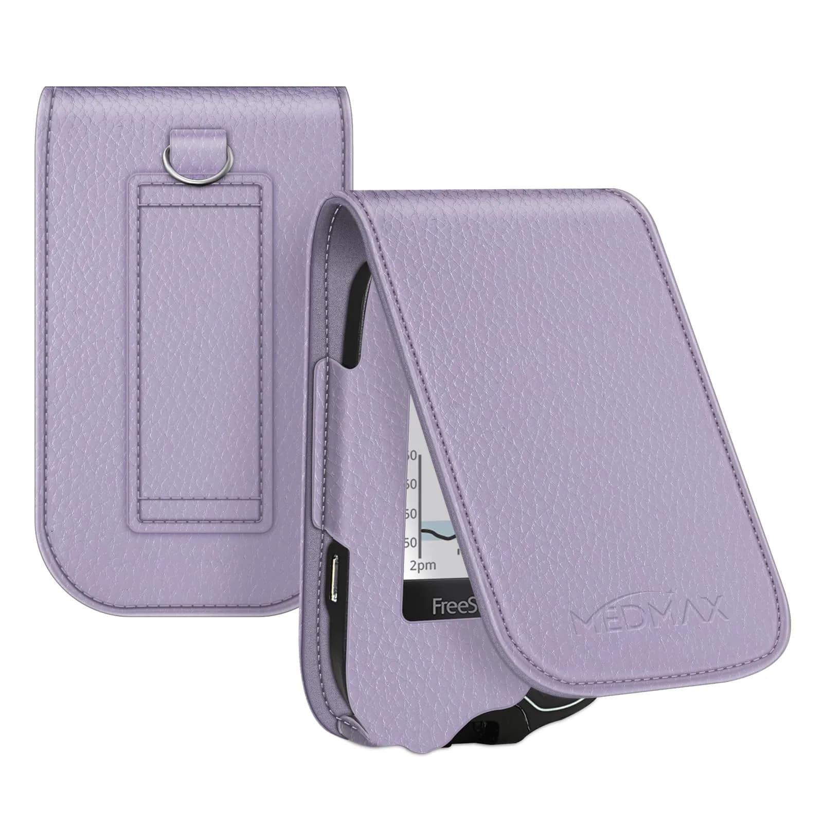 MEDMAX PU Leather Protective Case for Freestyle Libre 3 2 / Reader | Rose Gold, Lightweight Shockproof Diabetic Storage Carrying Case with Carabiner Clip and Handle (1-Pack) — Lilac Purple