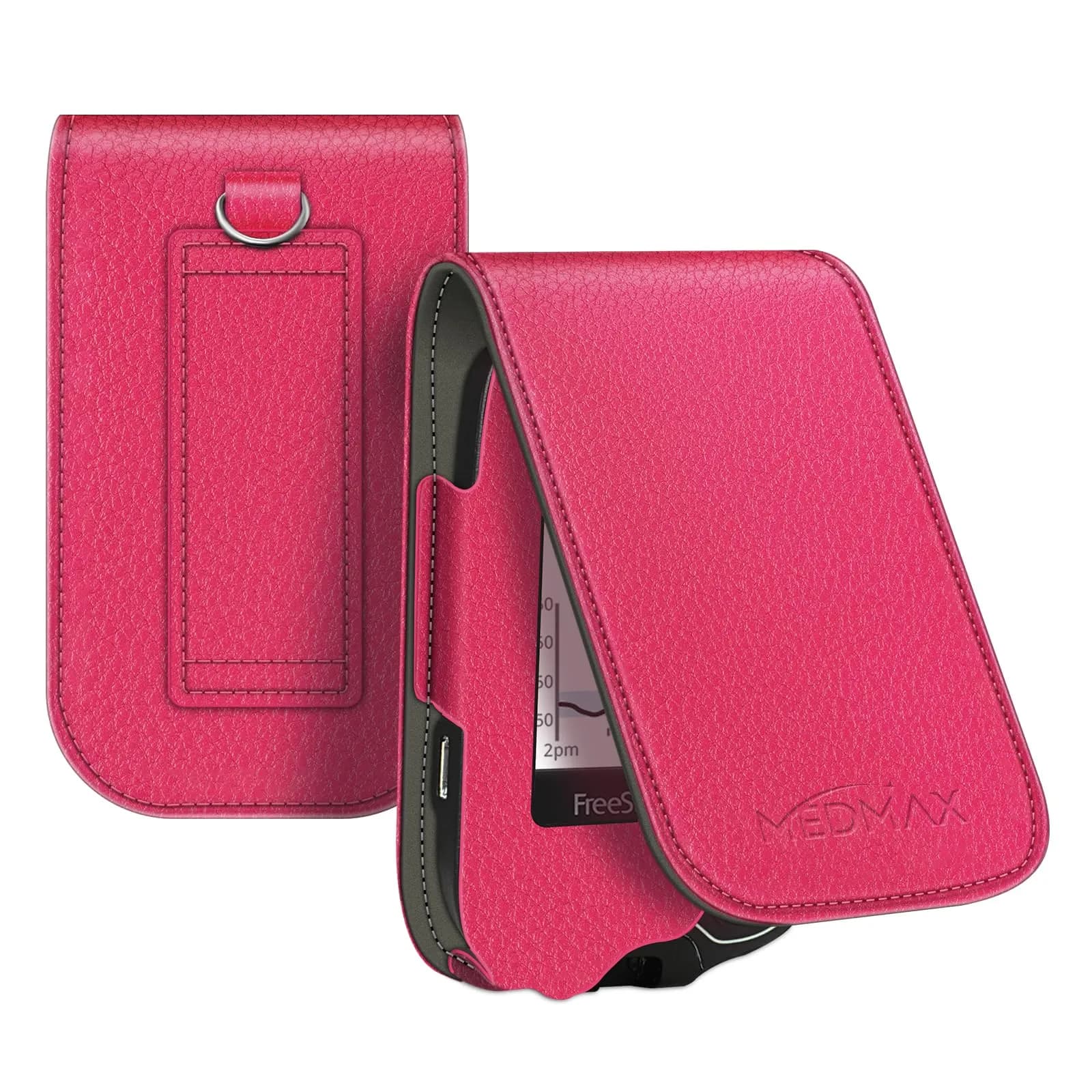 MEDMAX PU Leather Protective Case for Freestyle Libre 3 2 / Reader | Rose Gold, Lightweight Shockproof Diabetic Storage Carrying Case with Carabiner Clip and Handle (1-Pack) — Magenta