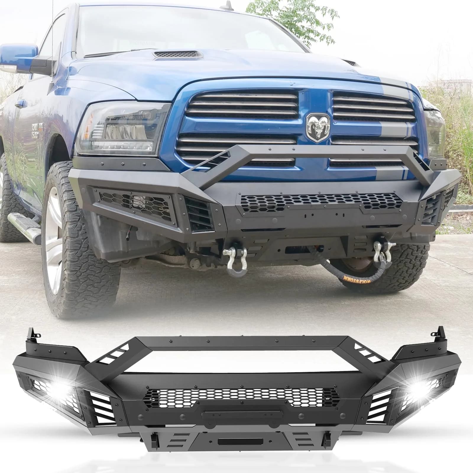 Hawkley Ram 1500 Front Bumper with Bull Bar & Skid Plate | Heavy-Duty Steel, Winch Ready (70-120c)