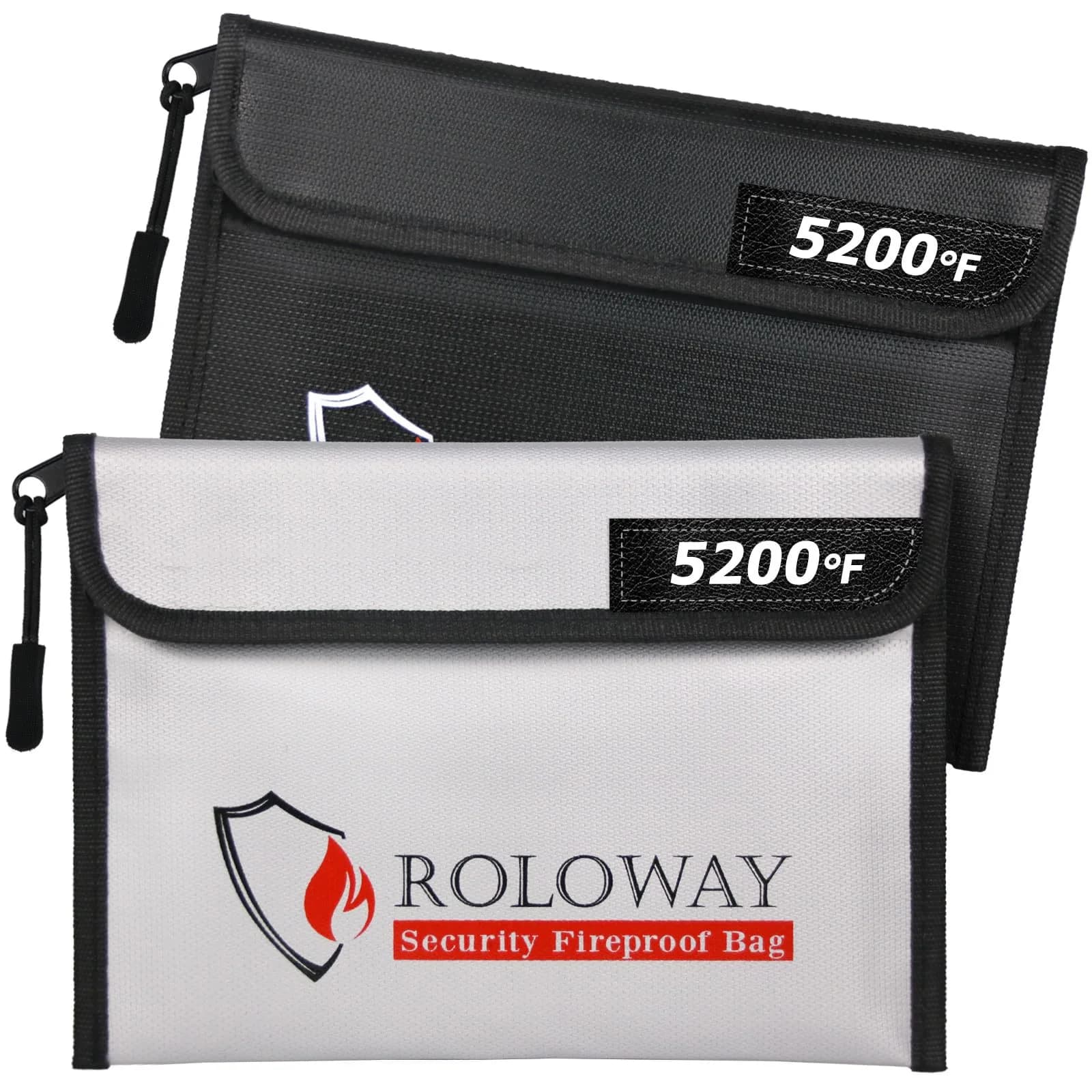 ROLOWAY Fireproof Bag (9.6 x 6.6 inches) 5200℉ Heat Insulated, Fireproof Money Bag with Zipper for Cash (2-Pack)