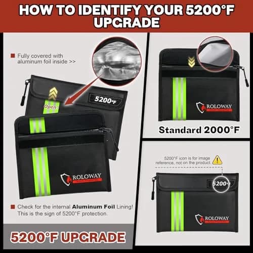 ROLOWAY Fireproof Bag (9.6 x 6.6 inches) 5200°F Heat Insulated with Reflective Strip for Cash & Documents thumbnail 6