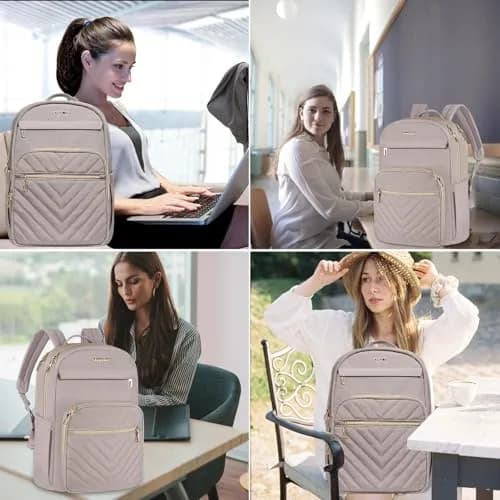 VANKEAN 17.3-inch Laptop Backpack for Women Large Capacity | Quilted Light Dusty Pink/Grey Purple thumbnail 6