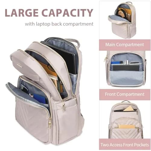VANKEAN 17.3-inch Laptop Backpack for Women Large Capacity | Quilted Light Dusty Pink/Grey Purple thumbnail 2