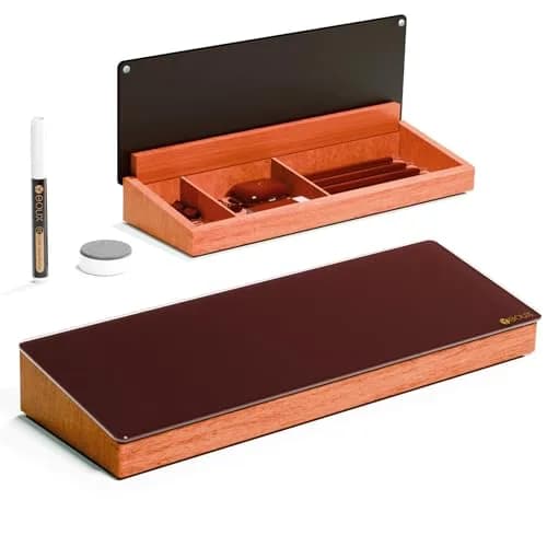 YEOUX Desktop Black Glass Dry Erase Board with Wood Organizers 14"W x 2.4"H | Elegant Office Whiteboard thumbnail 1