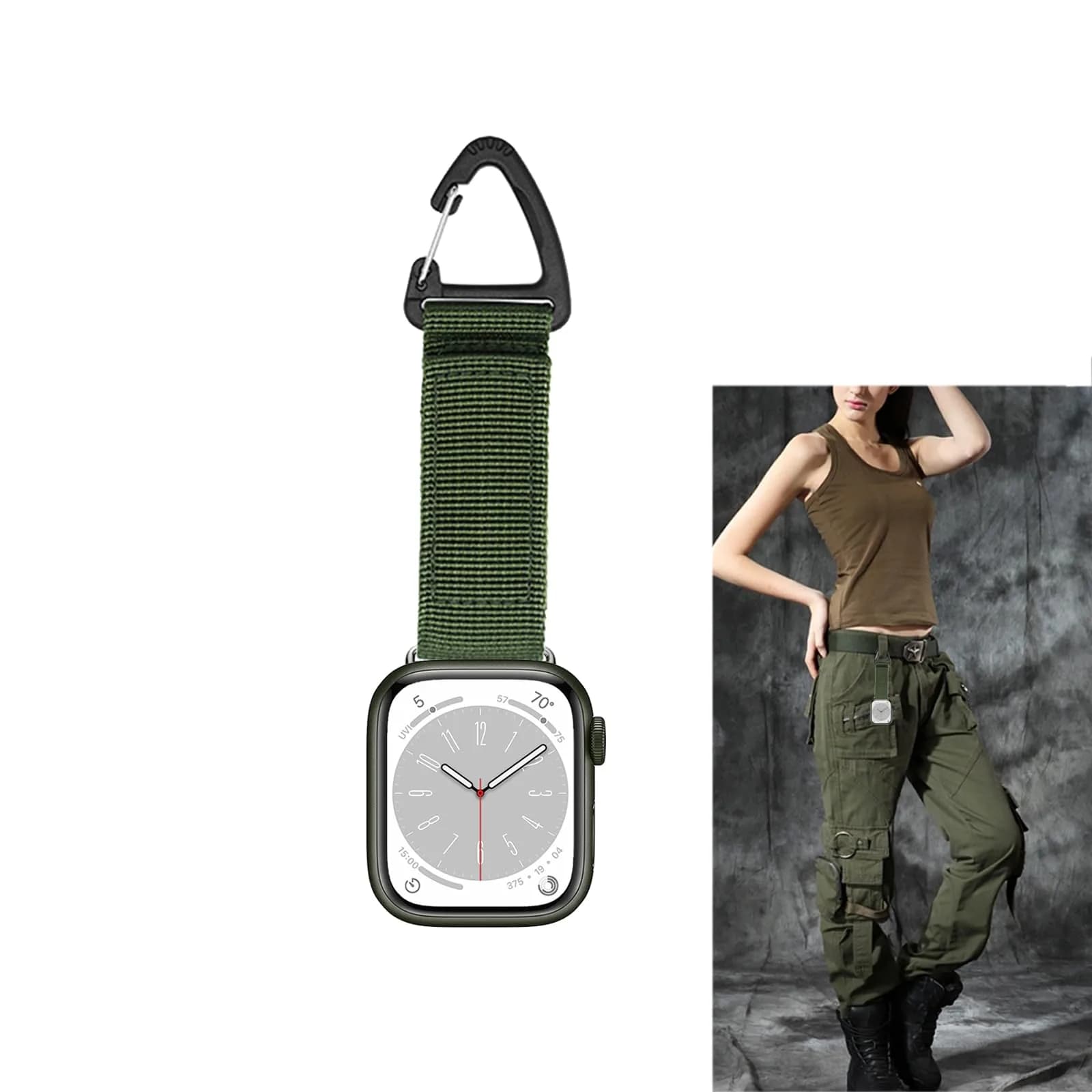 YwonShne Nylon Watch Strap Fob Clip Holder Carabiner for Apple Watch 38mm-49mm | Military Tactical Band Breathable Molle Webbing Canvas Keychain — Nylon Strap