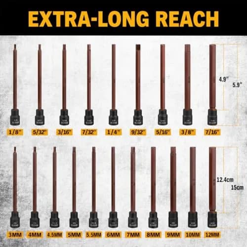 ELEAD Extra-Long Allen Hex Bit Socket Set 20-Piece 150mm | SAE & Metric, Impact Ready, Durable S2 Steel thumbnail 2