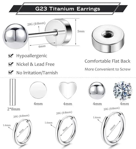 GOGOEY Hypoallergenic Titanium Earrings for Sensitive Ears 14K Gold Plated Opal Ball CZ Heart Small Surgical Steel Flatback Earrings for Women Men (B-Silver) | Comfortable & Durable thumbnail 2