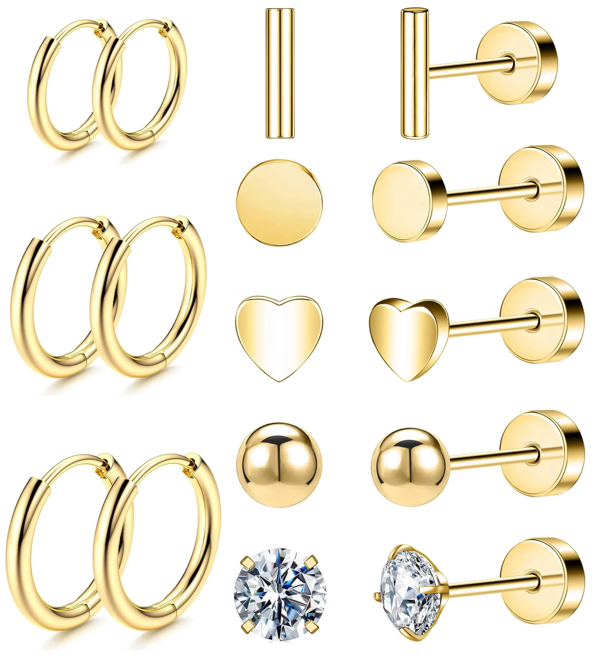 GOGOEY Hypoallergenic Titanium Earrings for Sensitive Ears, 8 Pairs (20G) | Flat Back Stud & Hoop Set — B-Gold