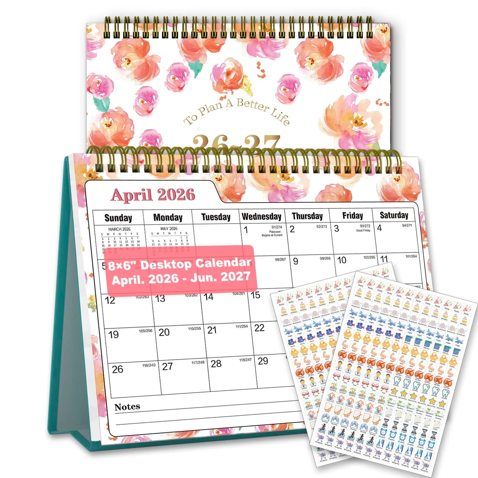 Ymumuda Floral Desk Calendar 2026-2027 20cm (8" x 6") | Academic Year Planning with To-Do Lists