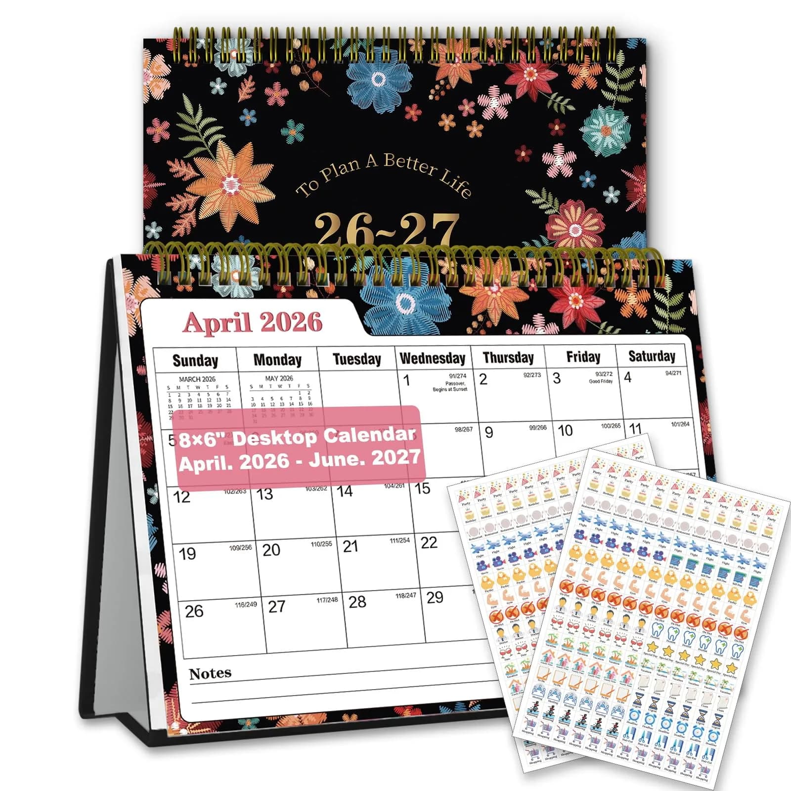 Ymumuda Floral Desk Calendar 2026-2027 20cm (8") x 15cm (6") | Academic Year Planner with To-Do Lists