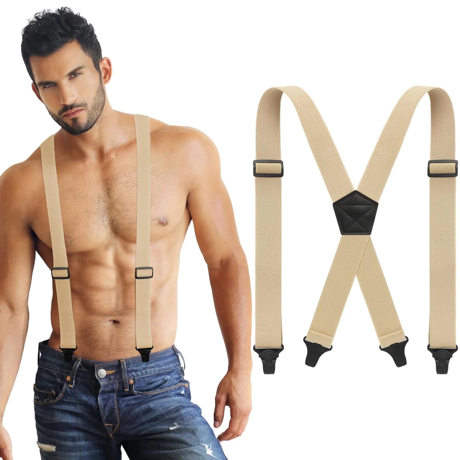 Janmercy Men's Hidden X-Back Suspenders | 120 cm (47.24 Inches) White Polyester — Khaki / 47 Inch