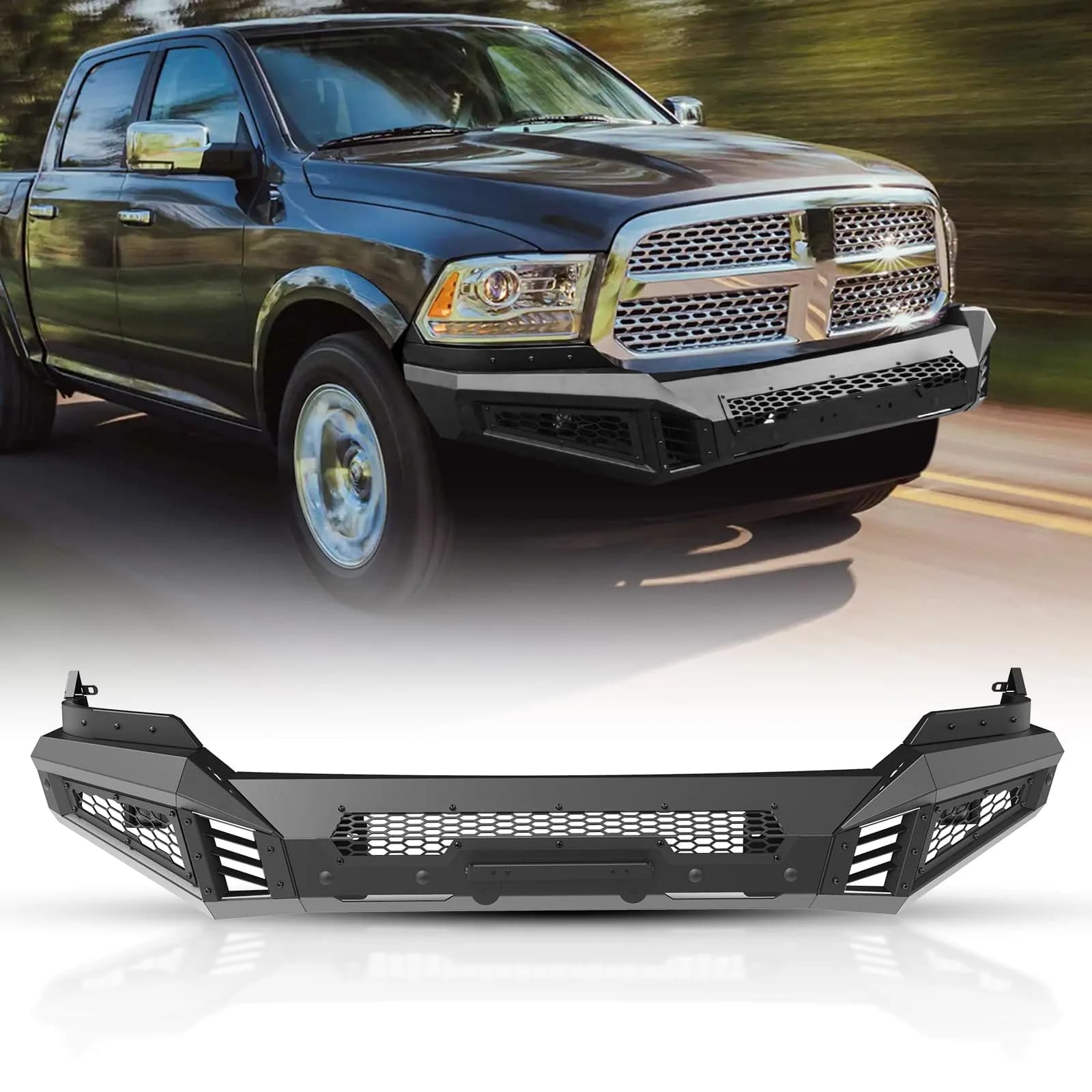 Hawkley Ram 1500 Front Bumper with Bull Bar & Skid Plate | Heavy-Duty Steel, Winch Ready (70-120c) — 2 PART (Main Body+Side Wings)