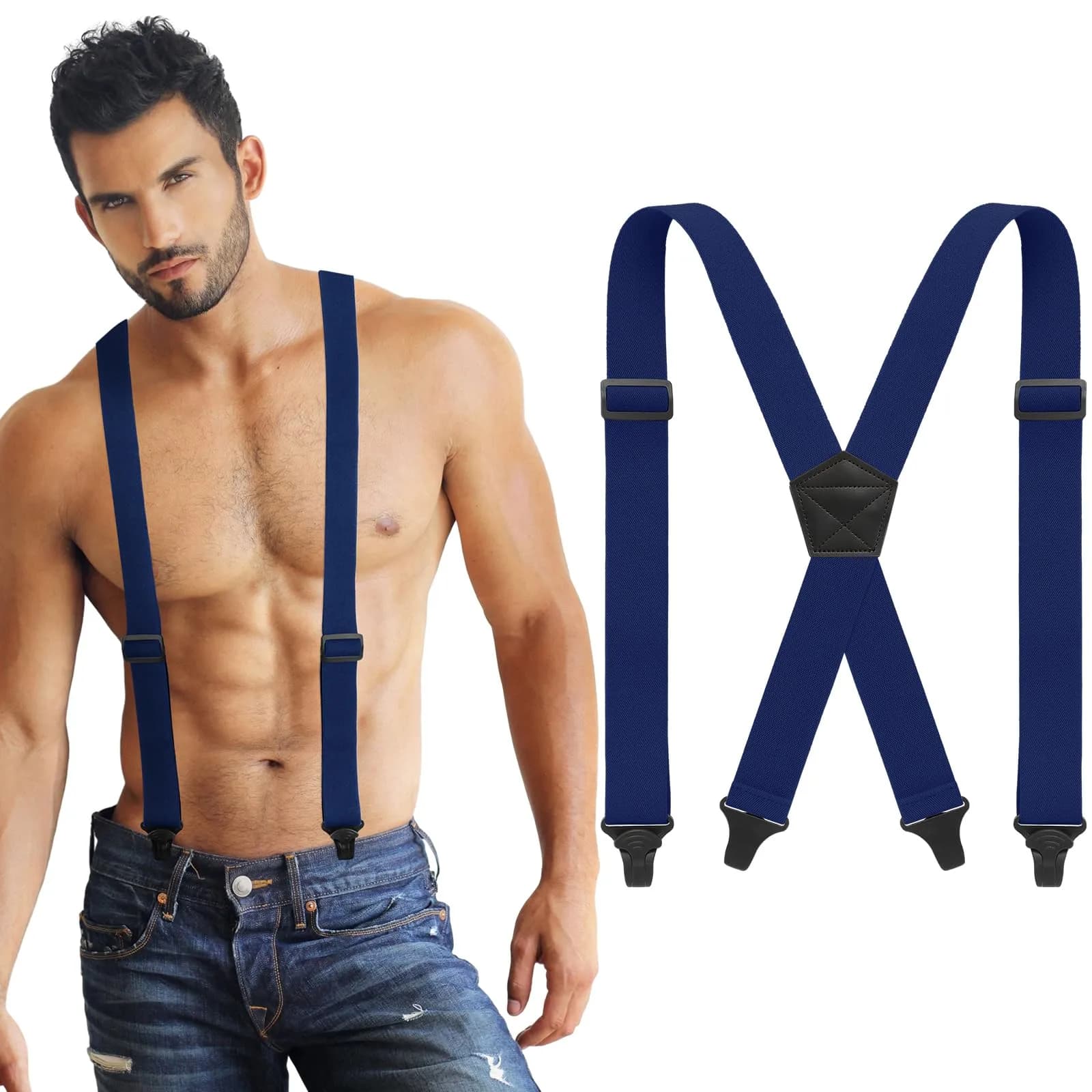 Janmercy Men's Hidden X-Back Suspenders | 120 cm (47.24 Inches) White Polyester — Navy Blue / 47 Inch