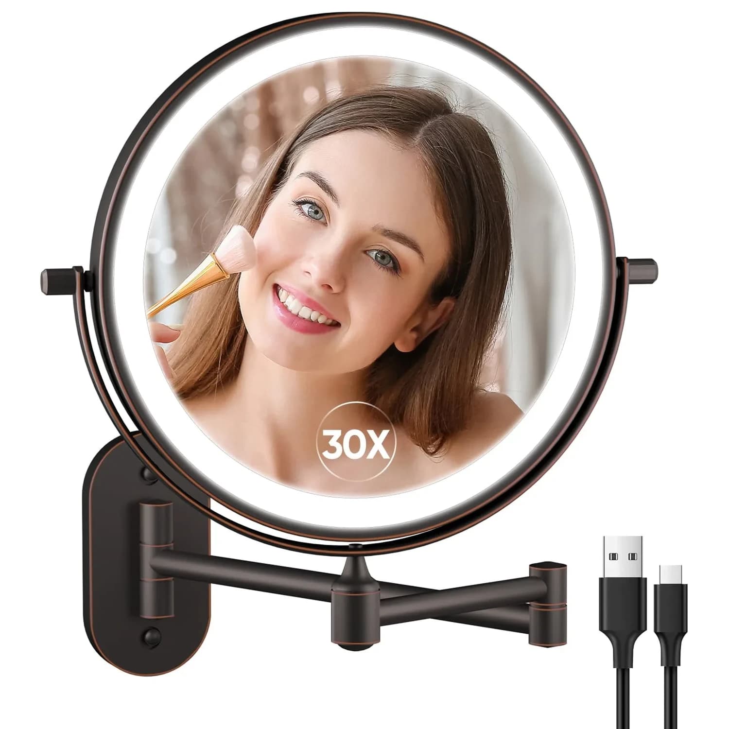 FUNTOUCH Rechargeable Wall Mounted Lighted Makeup Mirror 30cm (12") | 3 Color Lights, 360° Rotation